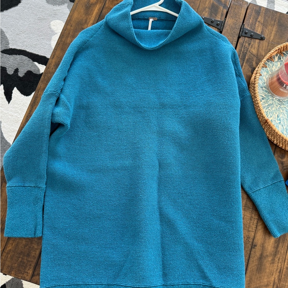 Free People Teal Cowl-Neck Knit Sweater